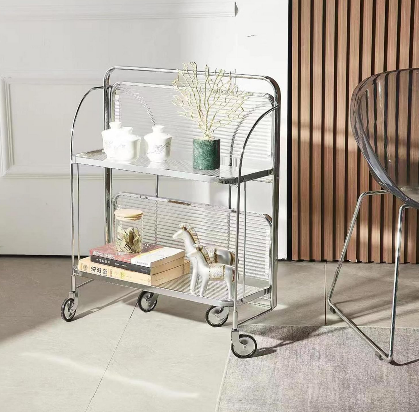 Side Table Foldable Glass Stainless Steel Shelf Contemporary Minimalist Living Room Bedroom Office Home Furniture Decor Gift
