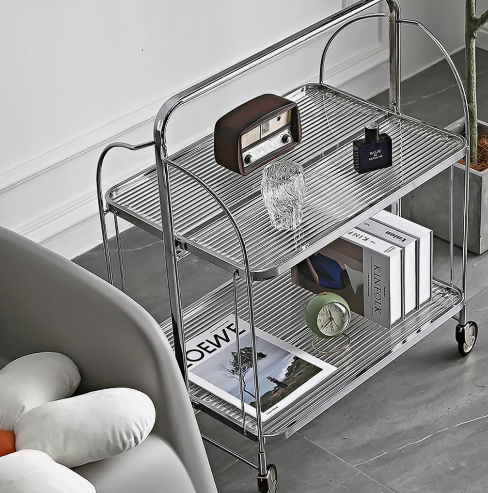 Side Table Foldable Glass Stainless Steel Shelf Contemporary Minimalist Living Room Bedroom Office Home Furniture Decor Gift