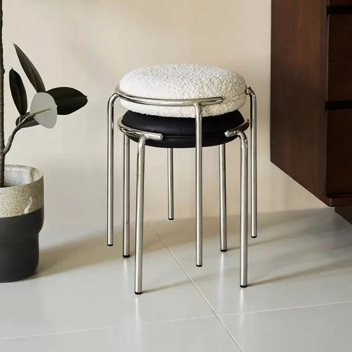 Round Stool Chair Stainless Steel Frame Contemporary Furniture Bedroom Living Room Office Kitchen Home Decor Accent Gift