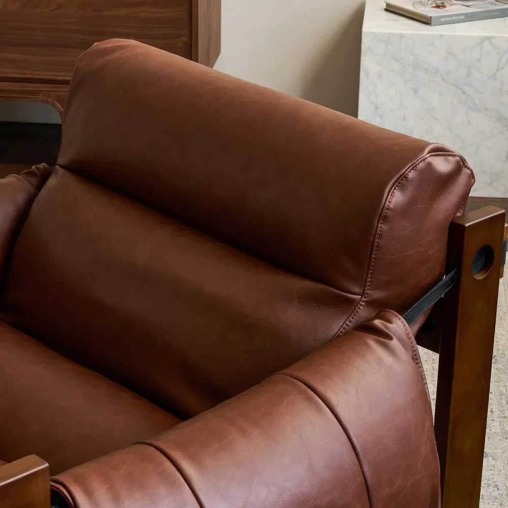 Lounge Chair Solid Wood Vegan Leather Wide Seat Accent Chair Vintage Contemporary Living Room Bedroom Reading Chair Sofa Gift