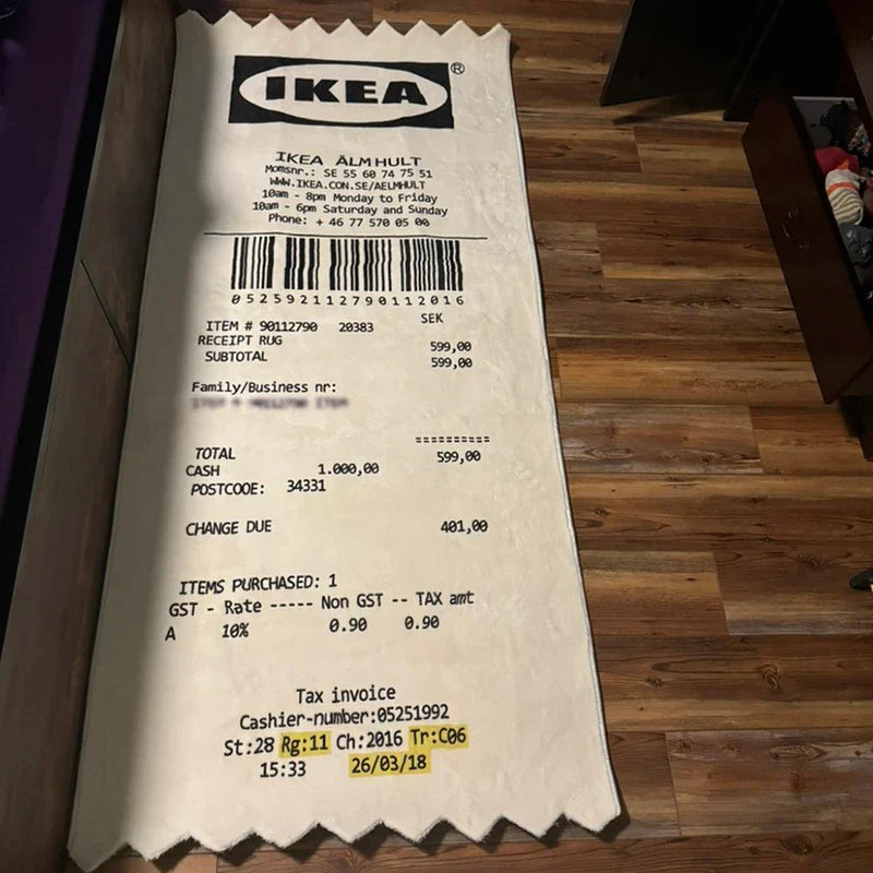 Rug Humor Novelty Funny IKEA Receipt Style Floor Mat Living Room Bedroom Office Kitchen Home Decor Housewarming Gift Unique