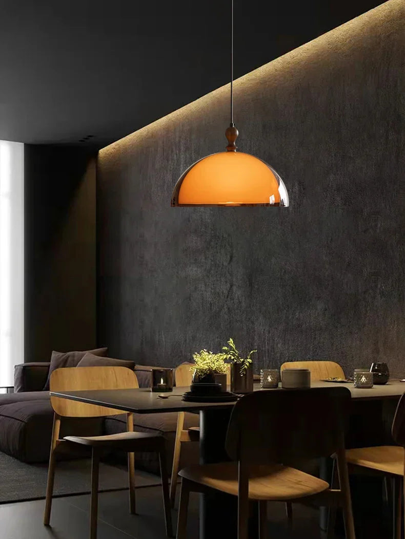Pendant Ceiling Light Amber Glass Dome Wood Cap Bauhaus Mid-Century Nordic Retro Vintage Living Room Bedroom Kitchen Dining Gift