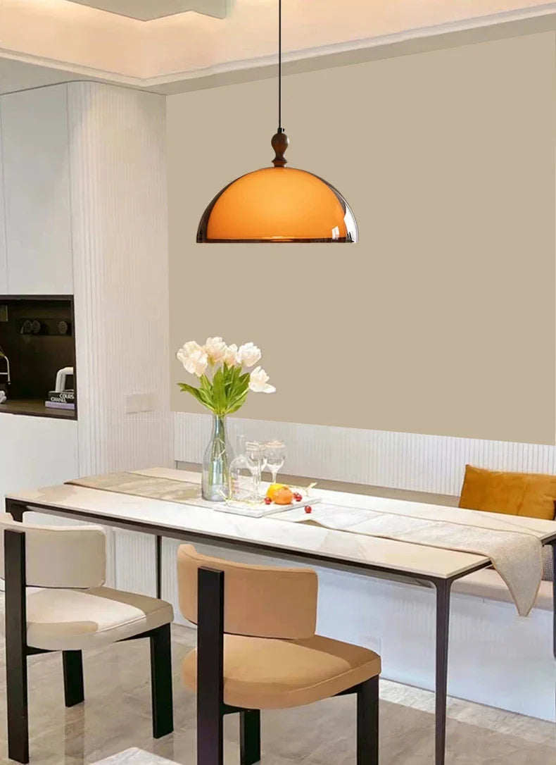 Pendant Ceiling Light Amber Glass Dome Wood Cap Bauhaus Mid-Century Nordic Retro Vintage Living Room Bedroom Kitchen Dining Gift