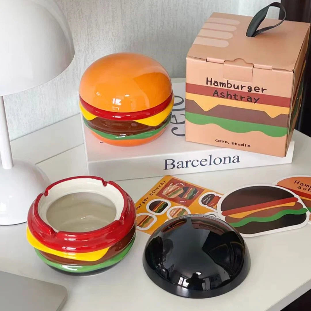 Ashtray Ceramic Burger Humor Interactive Novelty Funny Vintage Desk Shelf Office Home Contemporary Unique Gift for Smokers