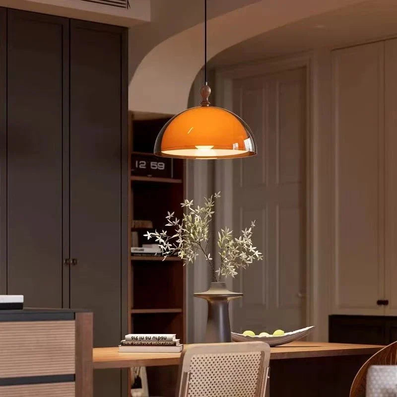 Pendant Ceiling Light Amber Glass Dome Wood Cap Bauhaus Mid-Century Nordic Retro Vintage Living Room Bedroom Kitchen Dining Gift