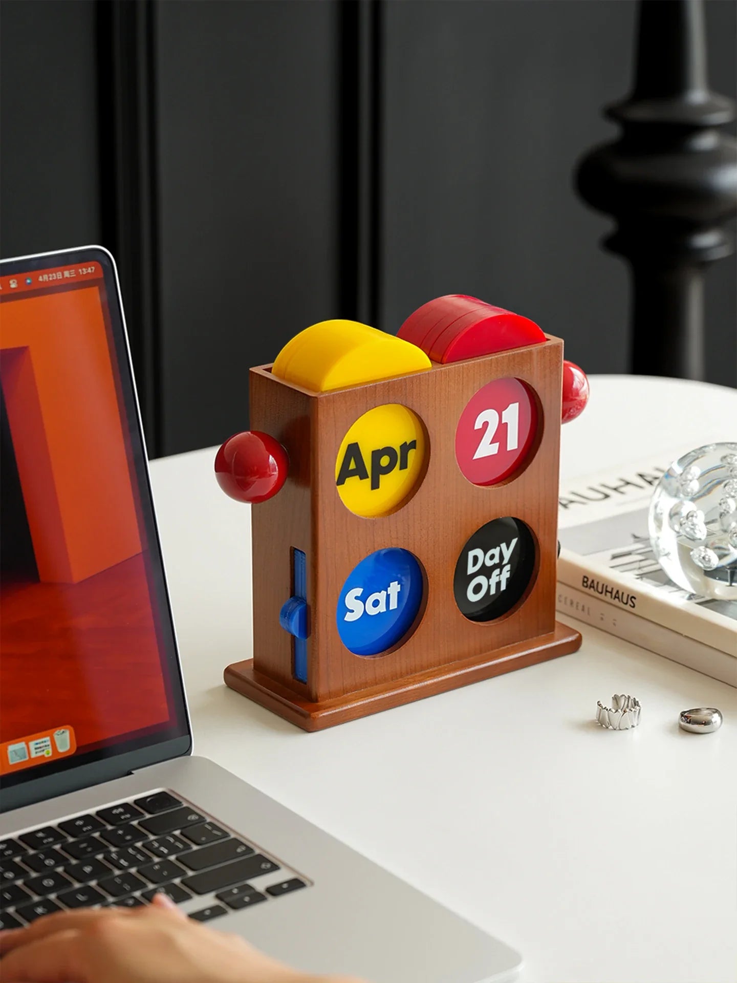 Desk Calendar Perpetual Cherrywood Bauhaus Mid-Century Nordic Retro Vintage Office Home Desktop Ornament Organizer Decor Gift