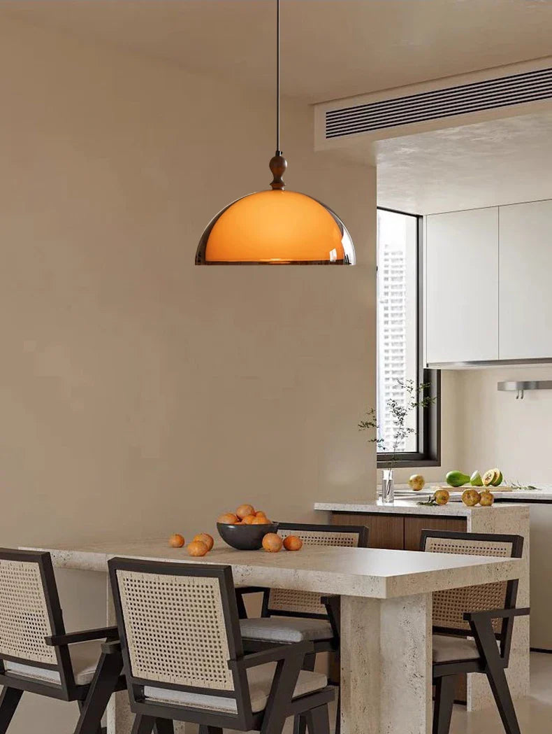 Pendant Ceiling Light Amber Glass Dome Wood Cap Bauhaus Mid-Century Nordic Retro Vintage Living Room Bedroom Kitchen Dining Gift