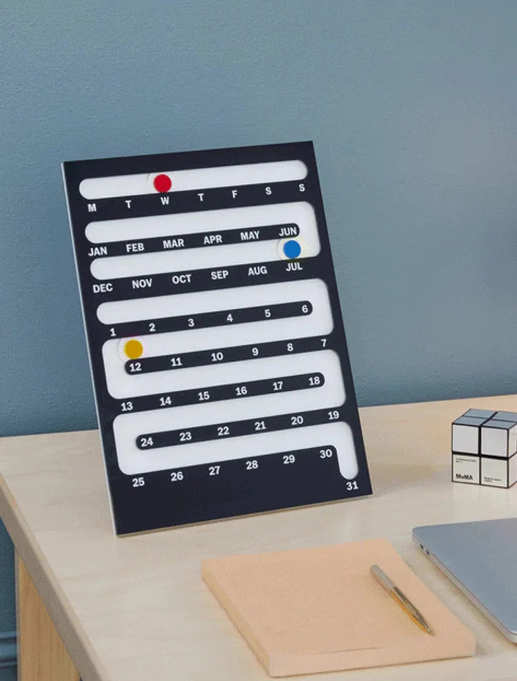 Wall Calendar Sliding Perpetual Bauhaus Frame Humor Interactive Mid-Century Living Room Game Room Office Home Decor Gift