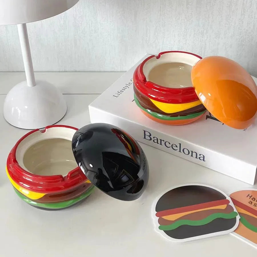 Ashtray Ceramic Burger Humor Interactive Novelty Funny Vintage Desk Shelf Office Home Contemporary Unique Gift for Smokers