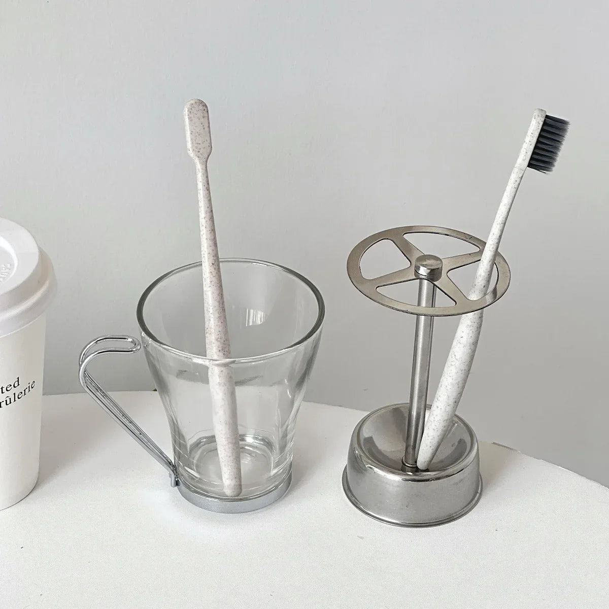 Toothbrush Holder Stand Stainless Steel Vintage Industrial Bathroom Shelf Home Organizer Contemporary Decor Unique Gift Home
