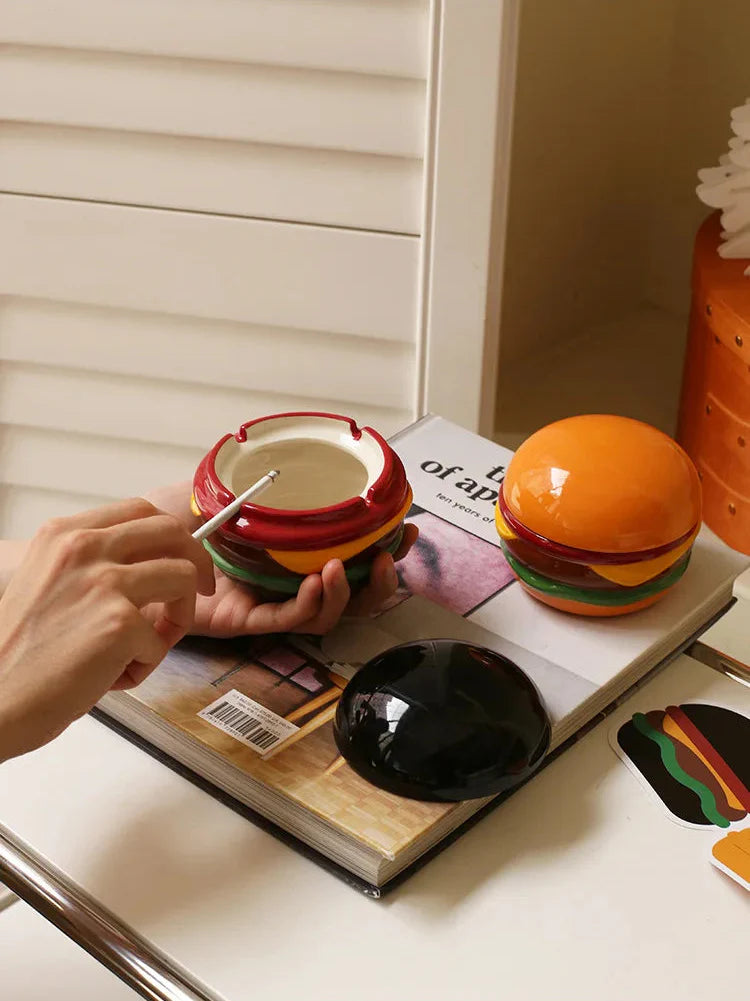 Ashtray Ceramic Burger Humor Interactive Novelty Funny Vintage Desk Shelf Office Home Contemporary Unique Gift for Smokers