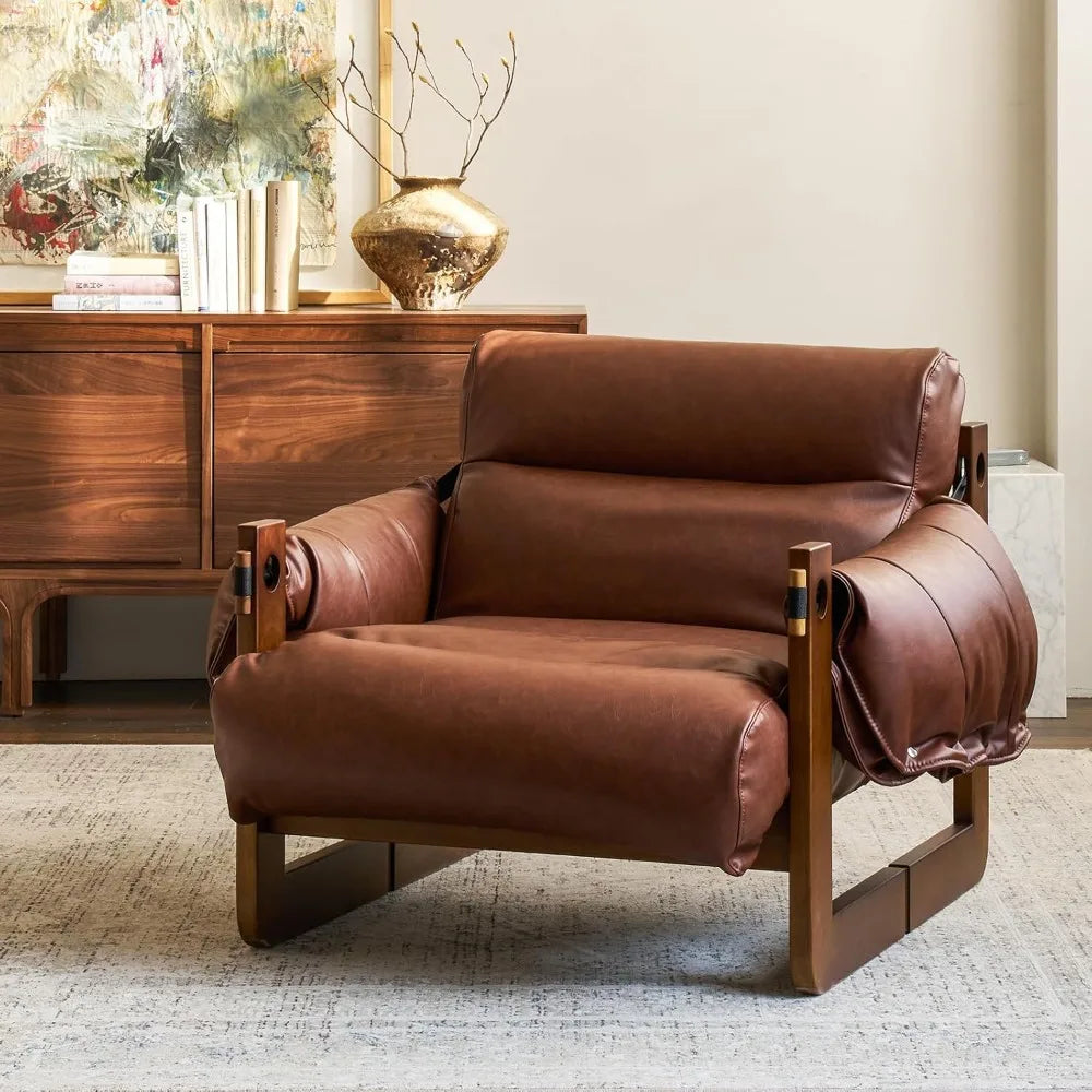 Lounge Chair Solid Wood Vegan Leather Wide Seat Accent Chair Vintage Contemporary Living Room Bedroom Reading Chair Sofa Gift