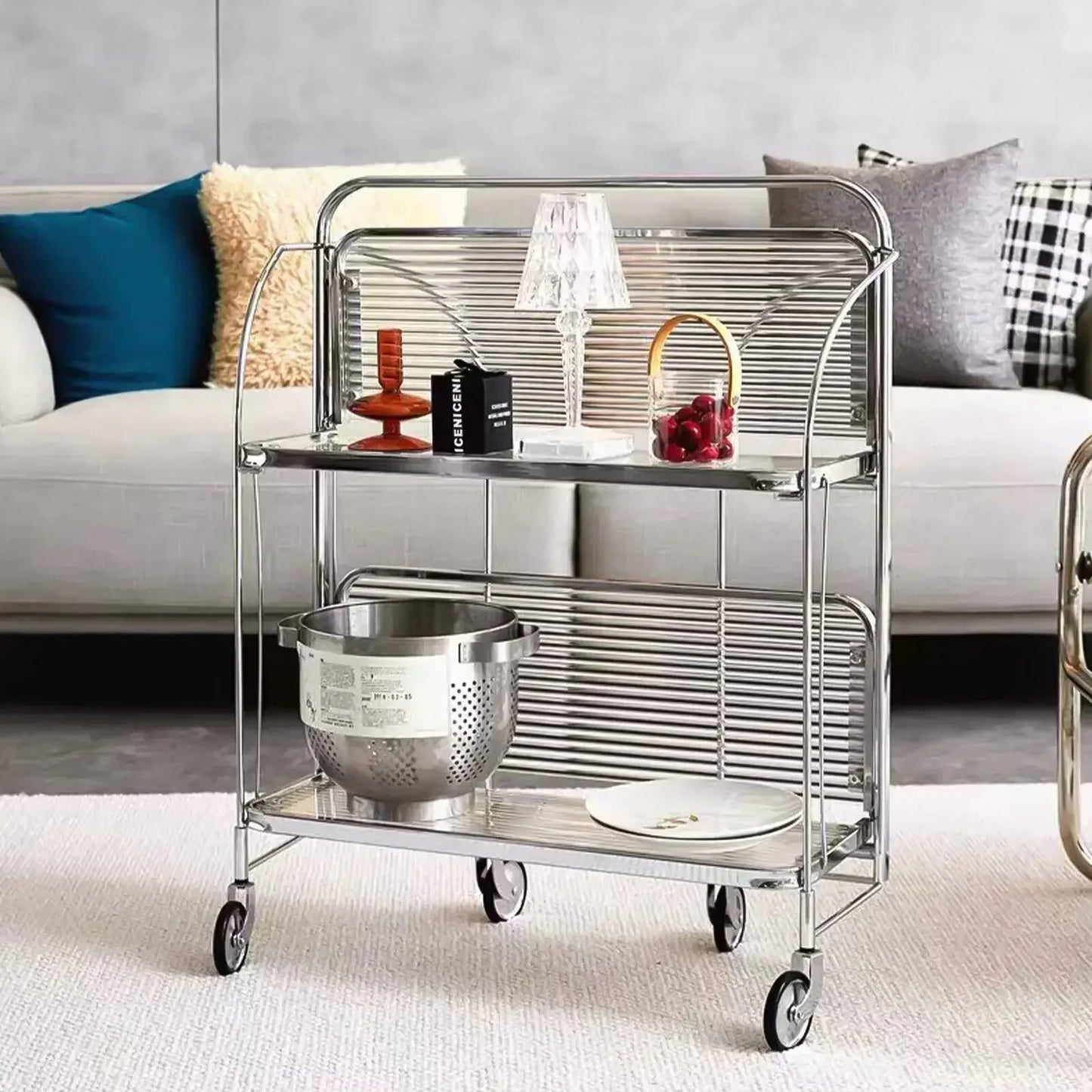 Side Table Foldable Glass Stainless Steel Shelf Contemporary Minimalist Living Room Bedroom Office Home Furniture Decor Gift