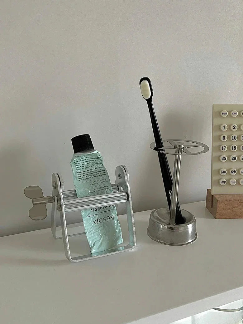 Toothpaste Holder Dispenser Stainless Steel Vintage Industrial Bathroom Shelf Home Organizer Contemporary Decor Unique Gift