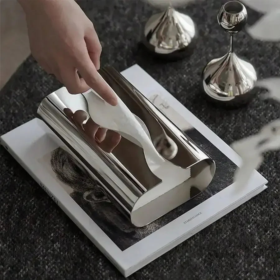 Tissue Holder Stainless Steel Mirror Finish Contemporary Minimalist Office Desk Shelf Bathroom Kitchen Home Decor Gift Minimalist