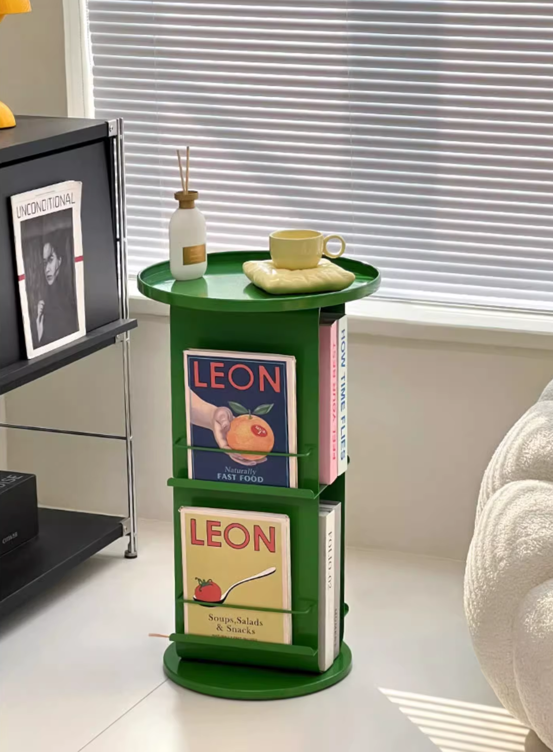 Magazine Rack Book Holder Metal Round Mid-Century Retro Side Table Living Room Office Bedroom Shelf Home Decor Gift Contemporary
