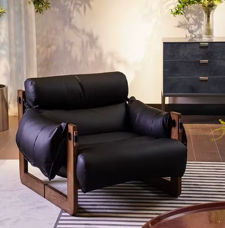 Lounge Chair Solid Wood Vegan Leather Wide Seat Accent Chair Vintage Contemporary Living Room Bedroom Reading Chair Sofa Gift