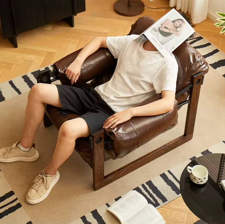 Lounge Chair Solid Wood Vegan Leather Wide Seat Accent Chair Vintage Contemporary Living Room Bedroom Reading Chair Sofa Gift