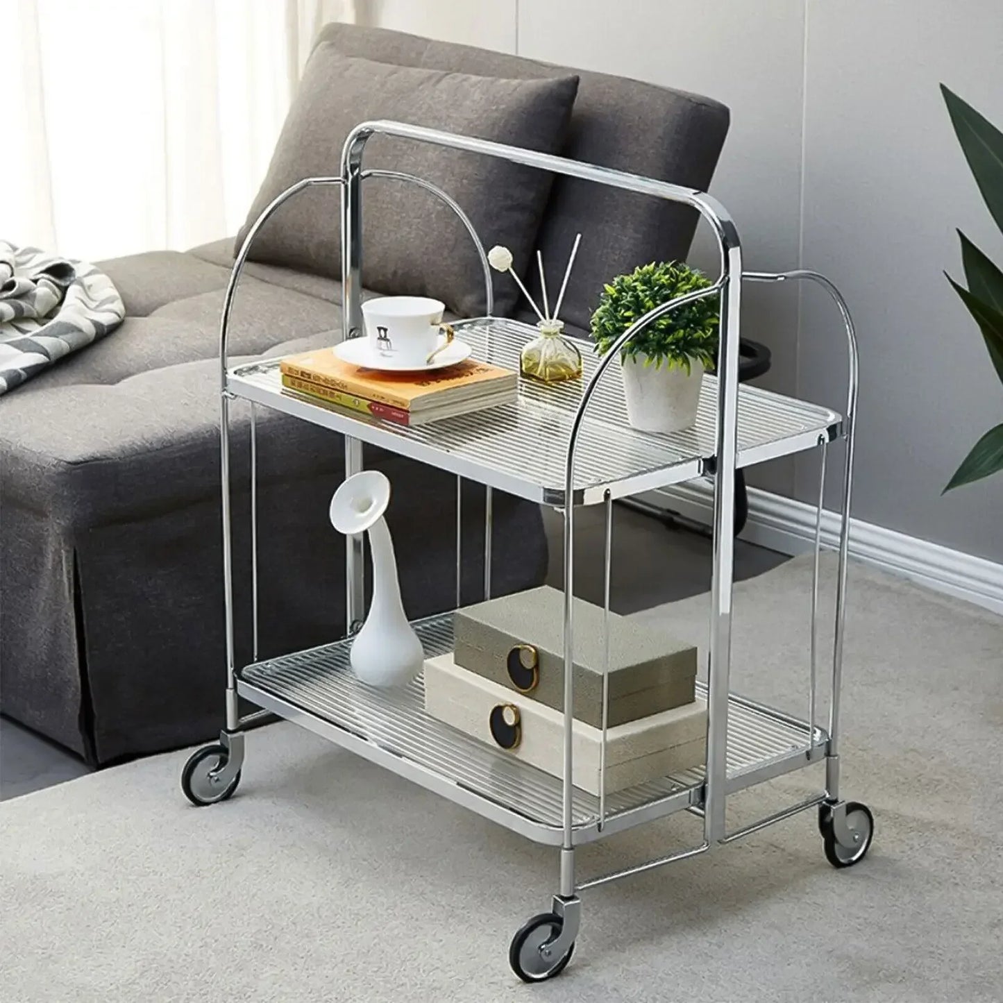 Side Table Foldable Glass Stainless Steel Shelf Contemporary Minimalist Living Room Bedroom Office Home Furniture Decor Gift