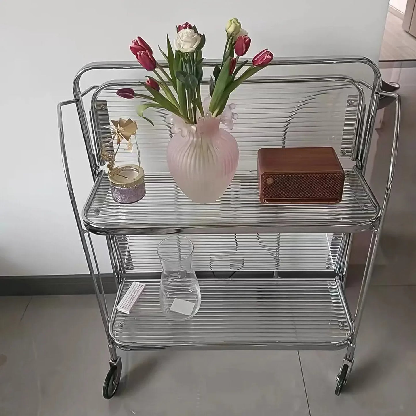 Side Table Foldable Glass Stainless Steel Shelf Contemporary Minimalist Living Room Bedroom Office Home Furniture Decor Gift