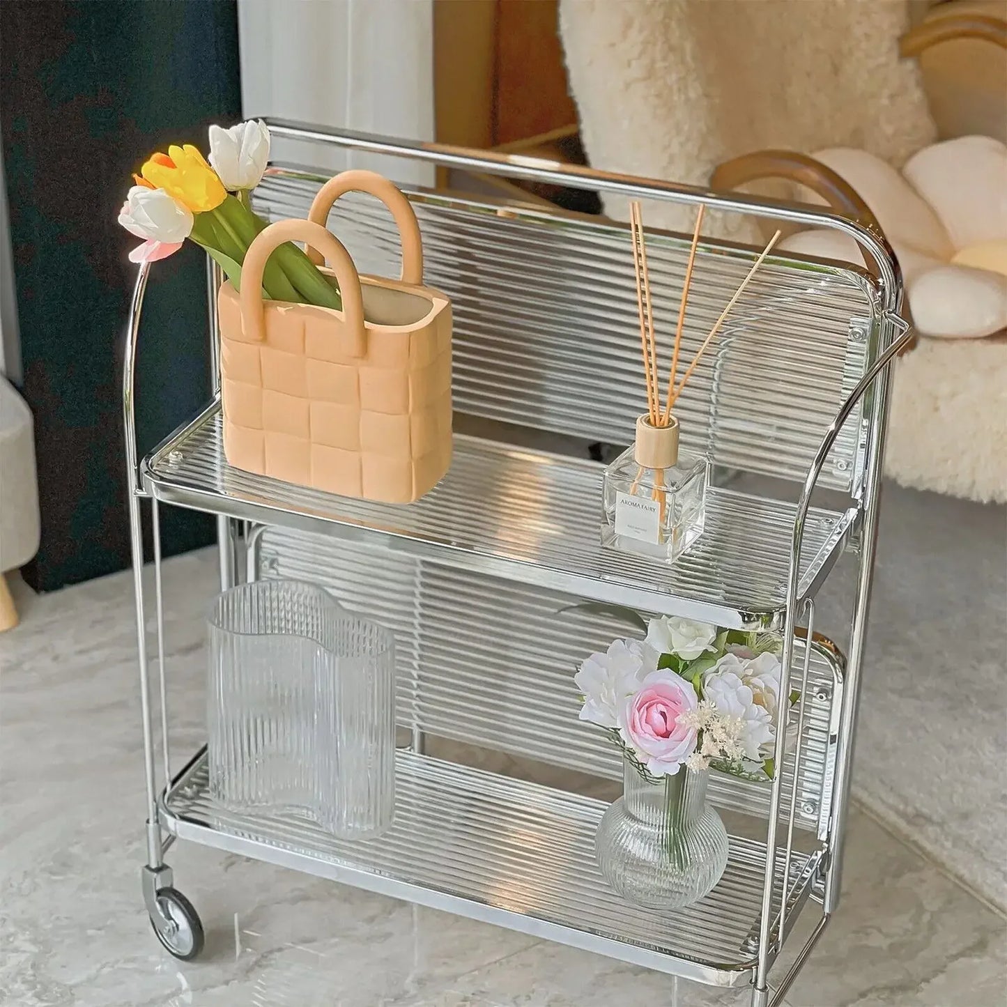 Side Table Foldable Glass Stainless Steel Shelf Contemporary Minimalist Living Room Bedroom Office Home Furniture Decor Gift