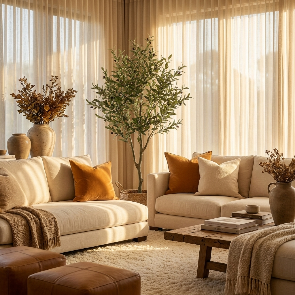 Faux Olive Tree in luxury living room beside cream sofa
