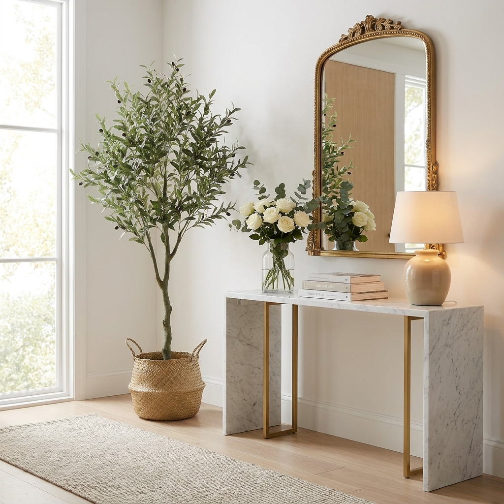 Faux Olive Tree in modern entryway beside console table