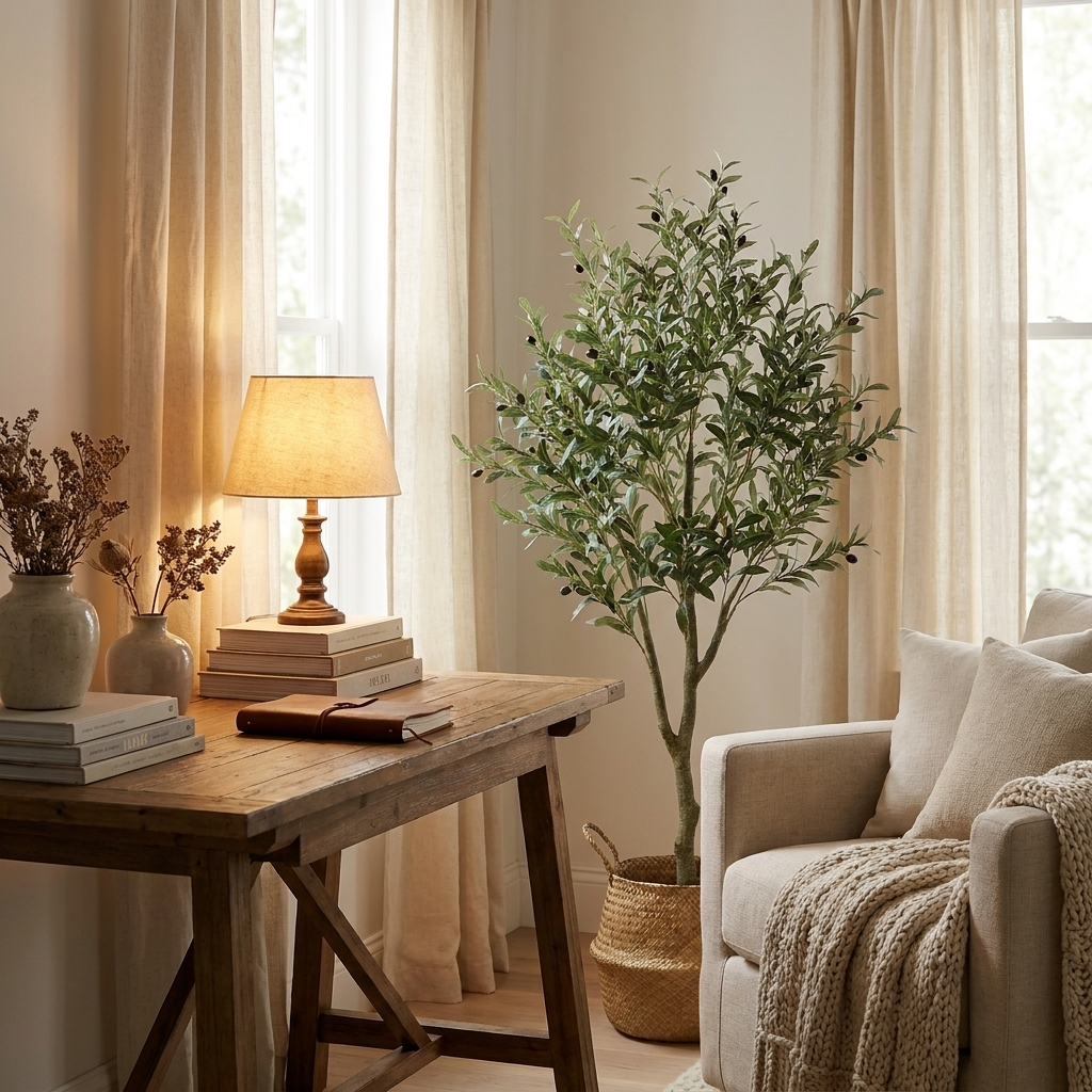 Faux Olive Tree in cozy home office reading nook