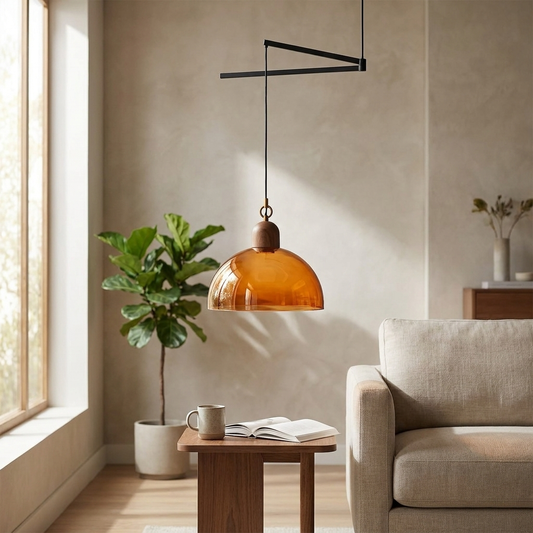 Orbix Bauhaus Amber Dome Wood Cap Swing Arm Light
