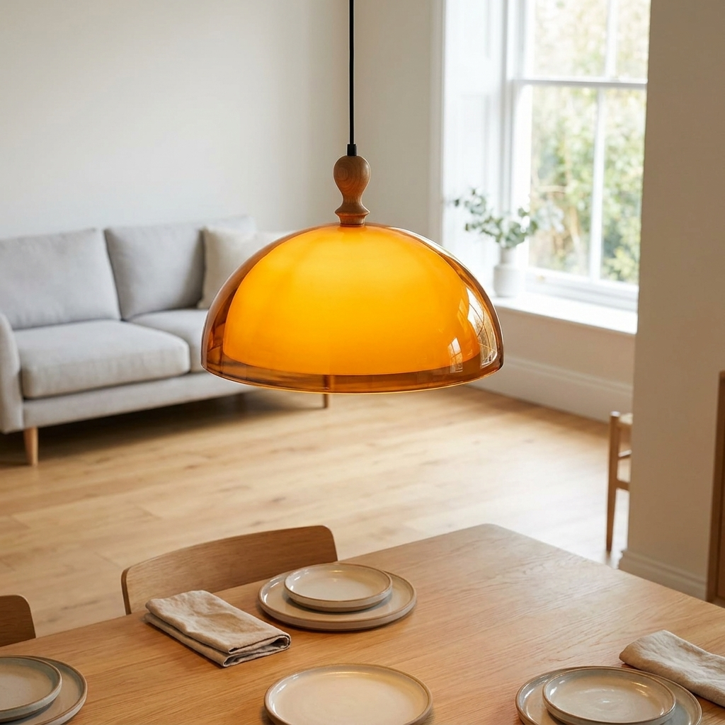 Orbix Bauhaus Amber Dome Wood Cap Pendant Light