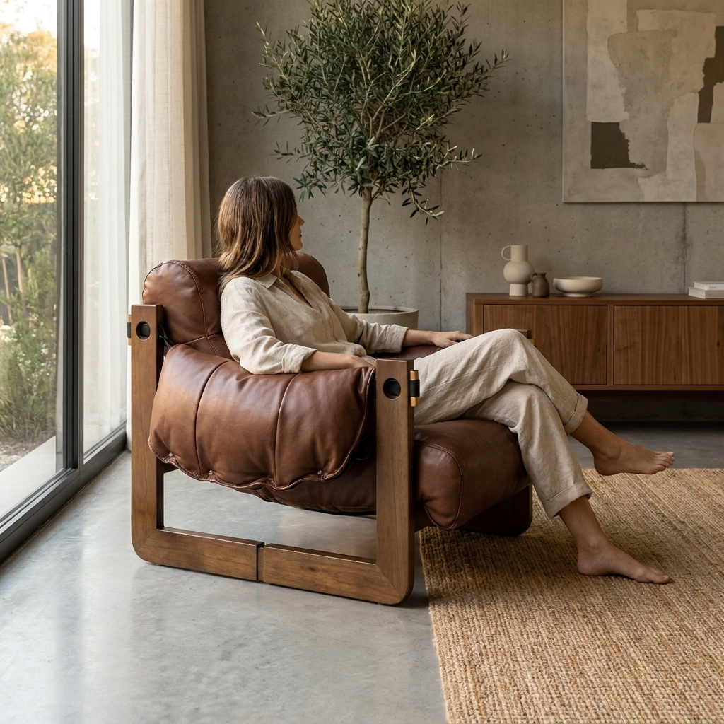 Vintage Solid Wood Vegan Leather Wide Seat Lounge Chair