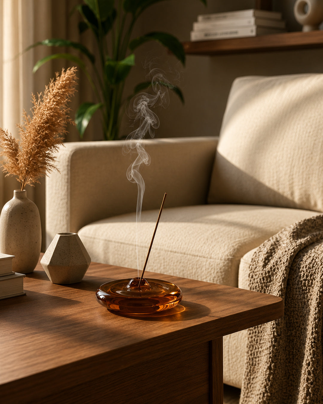 Incense Holder Burner Amber Glass Japanese Oriental Retro Japandi Vintage Shelf Desk Home Office Aromatherapy Decor Gift