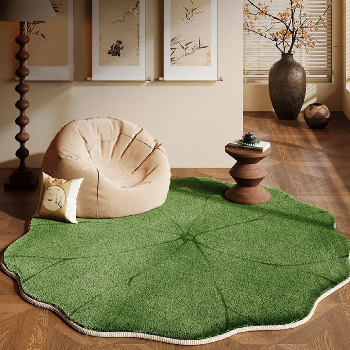 Round Rug Oriental Lotus Leaves Pattern Boho Japandi Living Room Bedroom Office Kitchen Floor Mat Home Decor Gift Housewarming Unique