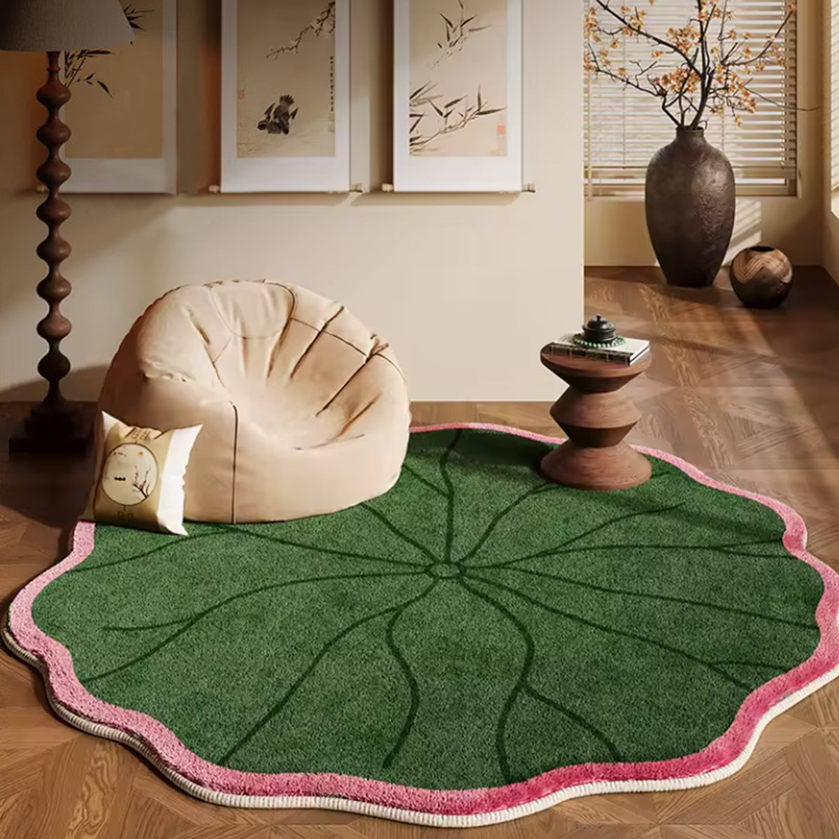 Round Rug Oriental Lotus Leaves Pattern Boho Japandi Living Room Bedroom Office Kitchen Floor Mat Home Decor Gift Housewarming Unique