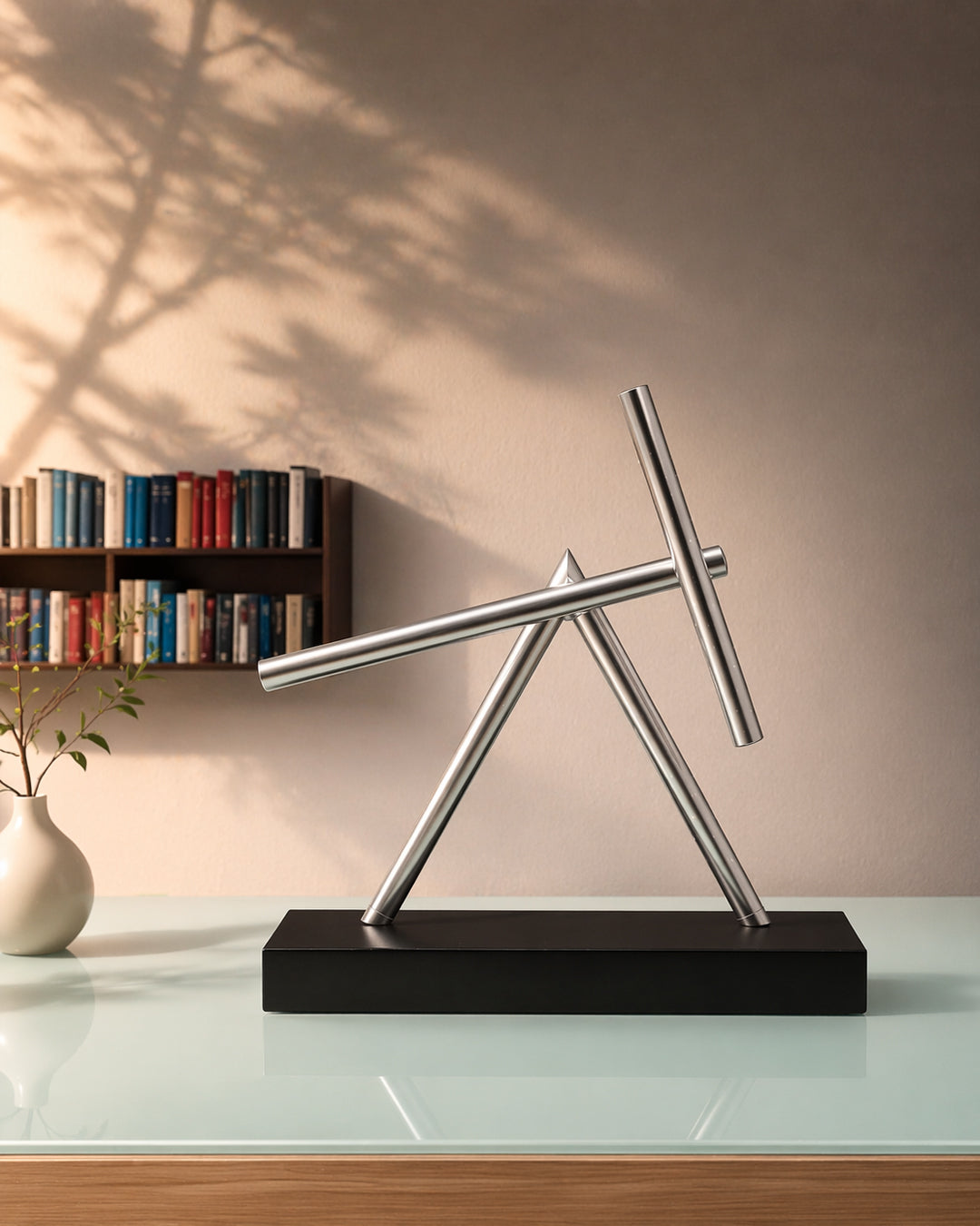 Kinetic Sculpture Perpetual Motion Desk Art Swinging Sticks Magnetic Aluminum Wood Base Office Living Room Modern Home Decor Gift