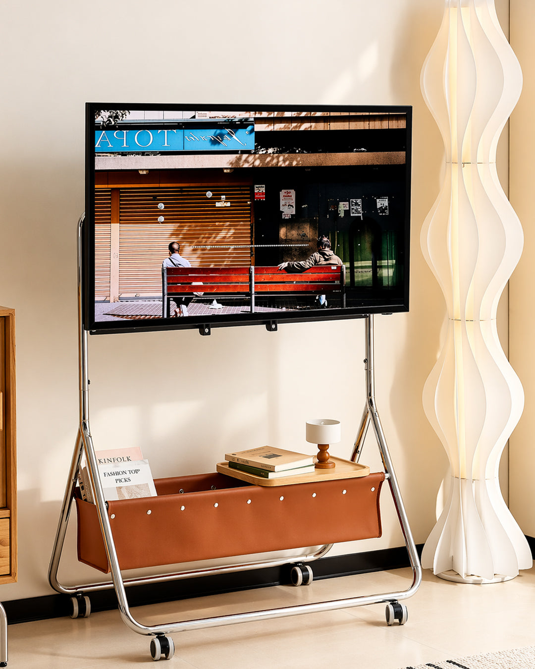 TV Stand Entertainment Center Stainless Steel Leather Storage Pocket Contemporary Minimalist Living Room Bedroom Office Home Gift