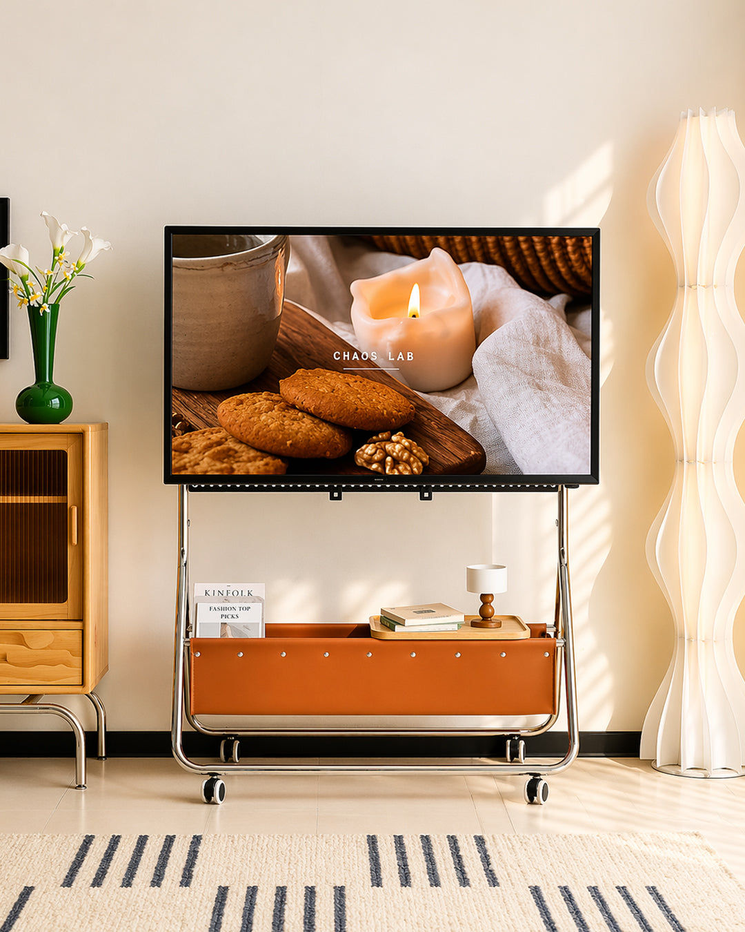 TV Stand Entertainment Center Stainless Steel Leather Storage Pocket Contemporary Minimalist Living Room Bedroom Office Home Gift
