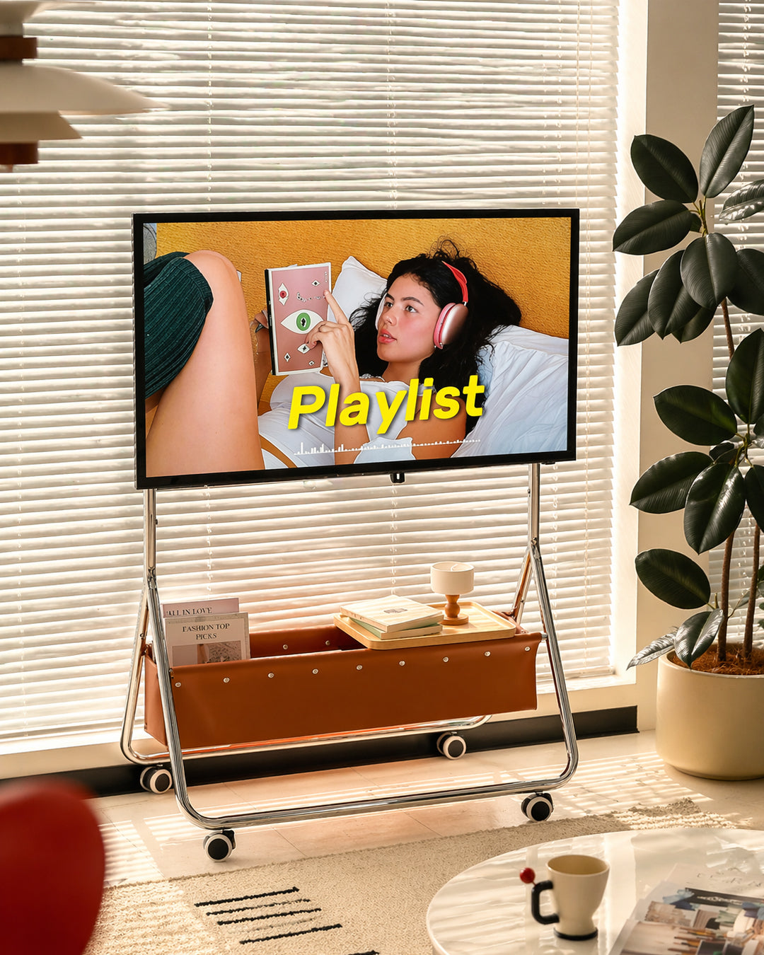 TV Stand Entertainment Center Stainless Steel Leather Storage Pocket Contemporary Minimalist Living Room Bedroom Office Home Gift