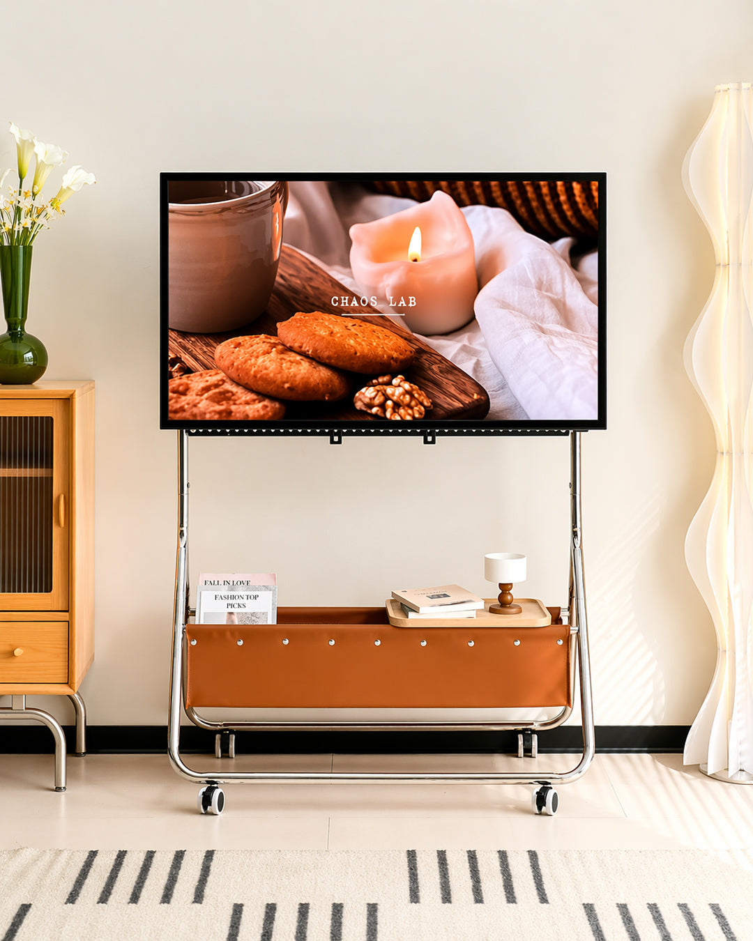 TV Stand Entertainment Center Stainless Steel Leather Storage Pocket Contemporary Minimalist Living Room Bedroom Office Home Gift